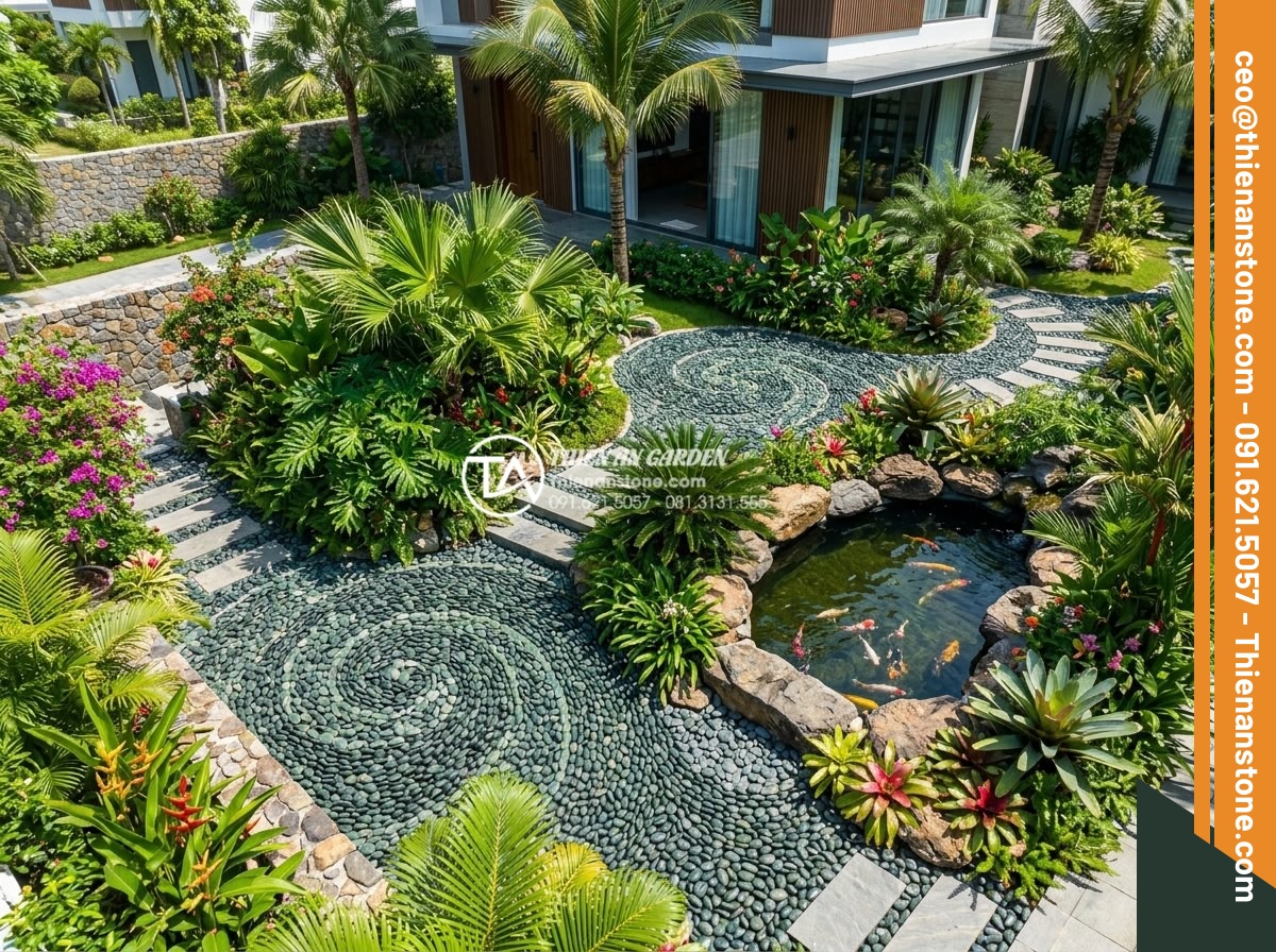 Mua Sỏi Trang Trí Sân Vườn Đà Nẵng: Top 5 Cửa Hàng Giá Tốt - Hình 1 Mua Sỏi Trang Trí Sân Vườn Đà Nẵng: Top 5 Cửa Hàng Giá Tốt - Vibrant aerial view of a modern Da Nang villa garden featuring colorful decorati