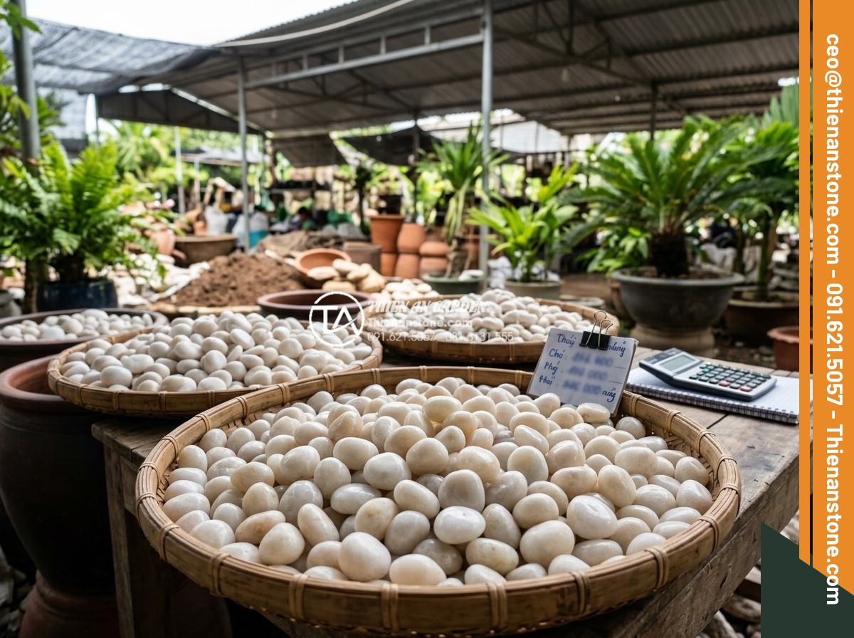 Mua Sỏi Trang Trí Sân Vườn Đà Nẵng: Top 5 Cửa Hàng Giá Tốt - Hình 10 Mua Sỏi Trang Trí Sân Vườn Đà Nẵng: Top 5 Cửa Hàng Giá Tốt - Customer reviewing pricing information for decorative garden pebbles with a sale