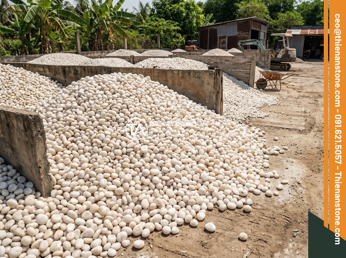 Mua Sỏi Trang Trí Sân Vườn Đà Nẵng: Top 5 Cửa Hàng Giá Tốt - Hình 18 Mua Sỏi Trang Trí Sân Vườn Đà Nẵng: Top 5 Cửa Hàng Giá Tốt - Bulk storage of affordable garden pebbles at a Vietnamese stone yard in Da Nang