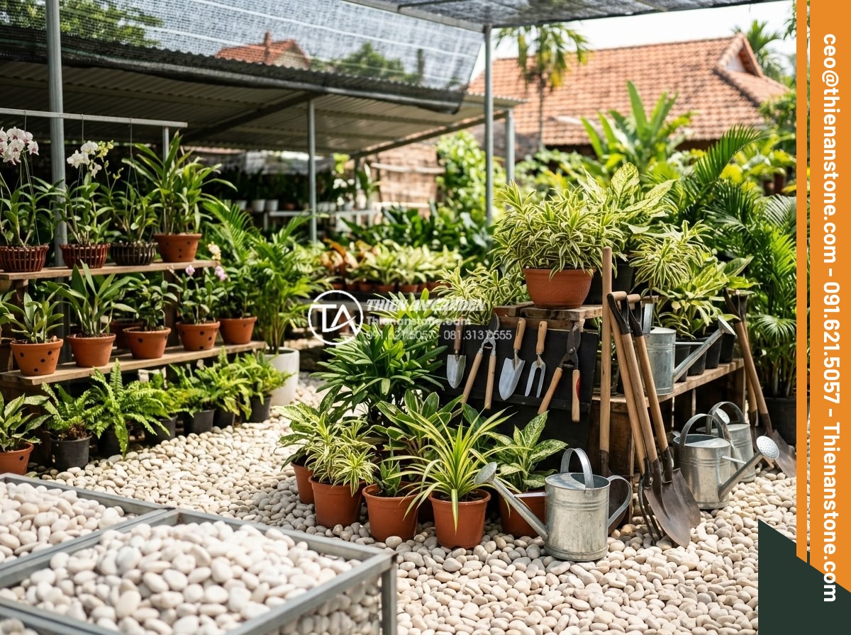 Mua Sỏi Trang Trí Sân Vườn Đà Nẵng: Top 5 Cửa Hàng Giá Tốt - Hình 19 Mua Sỏi Trang Trí Sân Vườn Đà Nẵng: Top 5 Cửa Hàng Giá Tốt - Garden center in Da Nang combining pebbles with plants and landscaping tools