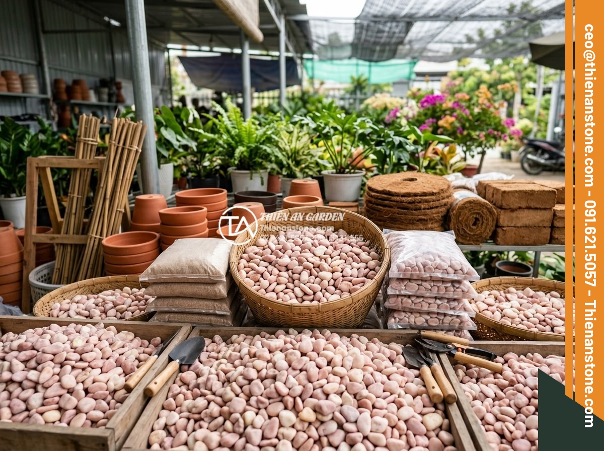 Mua Sỏi Trang Trí Sân Vườn Đà Nẵng: Top 5 Cửa Hàng Giá Tốt - Hình 20 Mua Sỏi Trang Trí Sân Vườn Đà Nẵng: Top 5 Cửa Hàng Giá Tốt - Comprehensive garden supply display including decorative pebbles in Da Nang