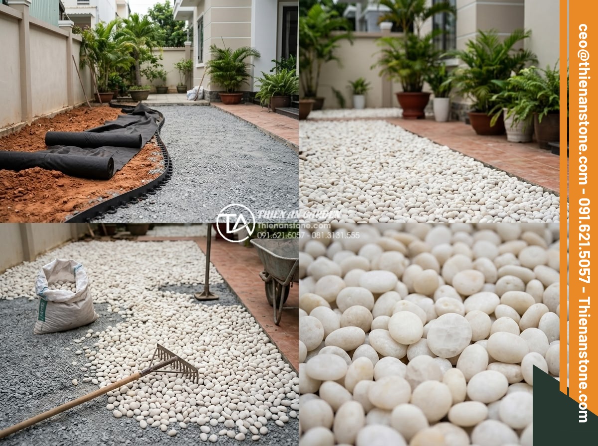 Mua Sỏi Trang Trí Sân Vườn Đà Nẵng: Top 5 Cửa Hàng Giá Tốt - Hình 21 Mua Sỏi Trang Trí Sân Vườn Đà Nẵng: Top 5 Cửa Hàng Giá Tốt - Step-by-step construction process of laying garden pebbles in a Da Nang resident