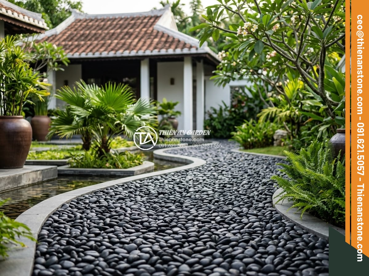 Mua Sỏi Trang Trí Sân Vườn Đà Nẵng: Top 5 Cửa Hàng Giá Tốt - Hình 22 Mua Sỏi Trang Trí Sân Vườn Đà Nẵng: Top 5 Cửa Hàng Giá Tốt - Completed pebble garden path installation in Da Nang villa with perfect leveling