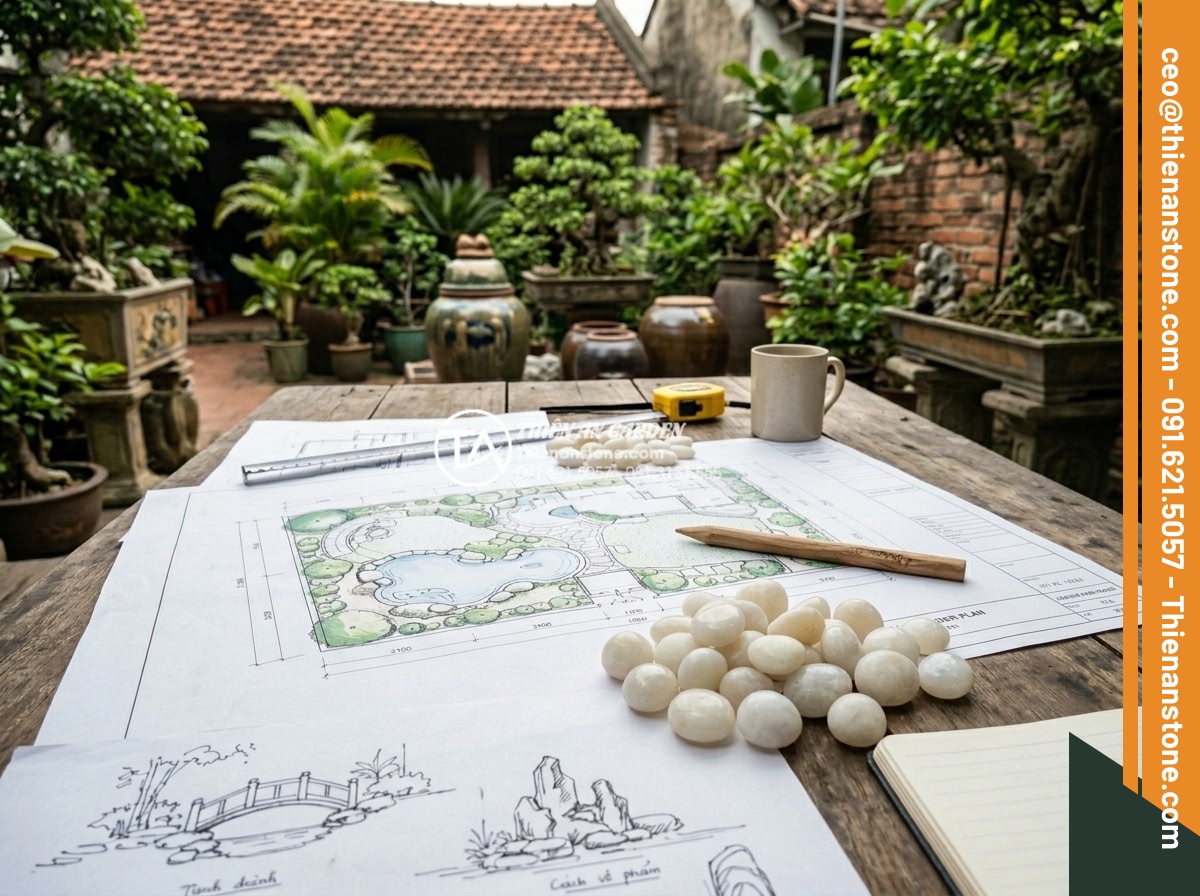 Mua Sỏi Trang Trí Sân Vườn Đà Nẵng: Top 5 Cửa Hàng Giá Tốt - Hình 28 Mua Sỏi Trang Trí Sân Vườn Đà Nẵng: Top 5 Cửa Hàng Giá Tốt - Professional stone and pebble experts from Da Camh Thien An discussing a custom