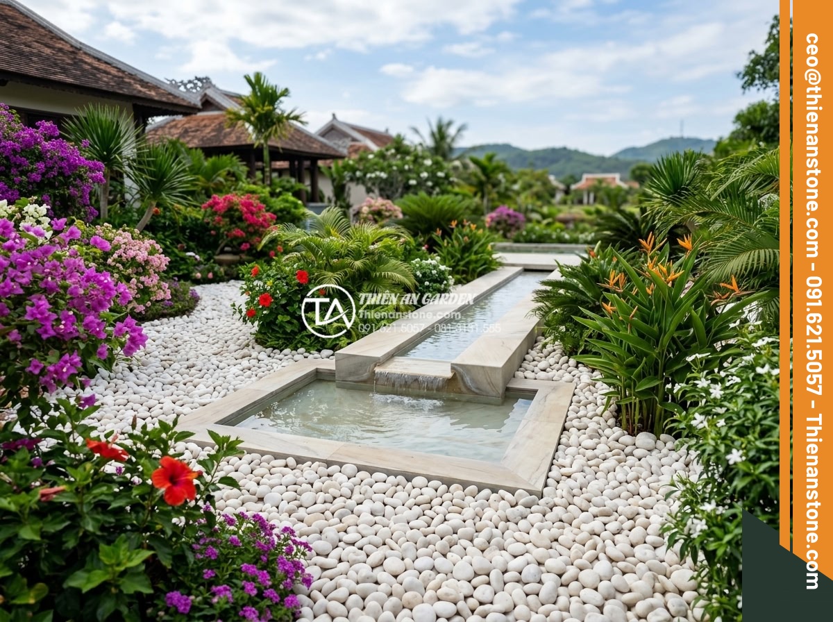 Mua Sỏi Trang Trí Sân Vườn Đà Nẵng: Top 5 Cửa Hàng Giá Tốt - Hình 4 Mua Sỏi Trang Trí Sân Vườn Đà Nẵng: Top 5 Cửa Hàng Giá Tốt - Wide shot of a tropical garden in Da Nang using white and gray pebbles as ground