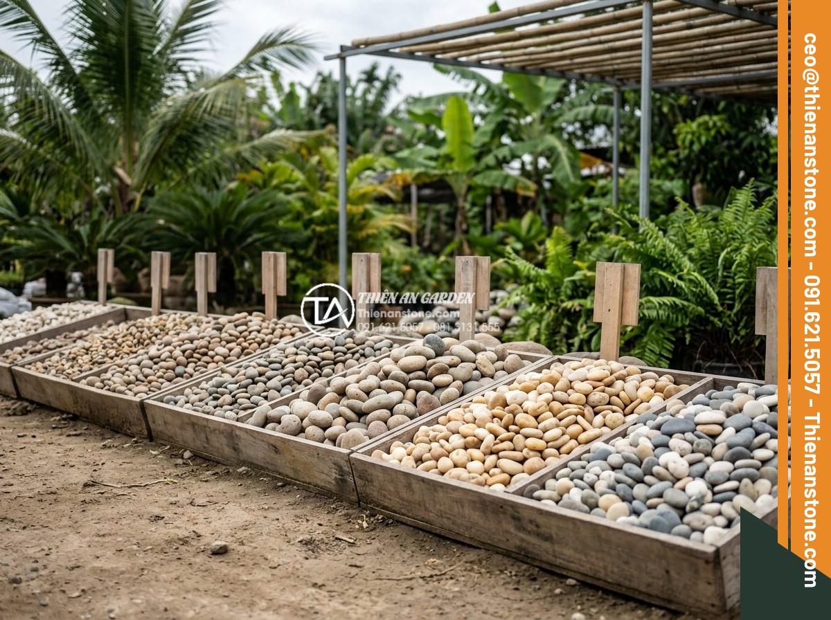 Mua Sỏi Trang Trí Sân Vườn Đà Nẵng: Top 5 Cửa Hàng Giá Tốt - Hình 5 Mua Sỏi Trang Trí Sân Vườn Đà Nẵng: Top 5 Cửa Hàng Giá Tốt - Assortment of popular garden pebbles in Da Nang including river stones, sea pebb