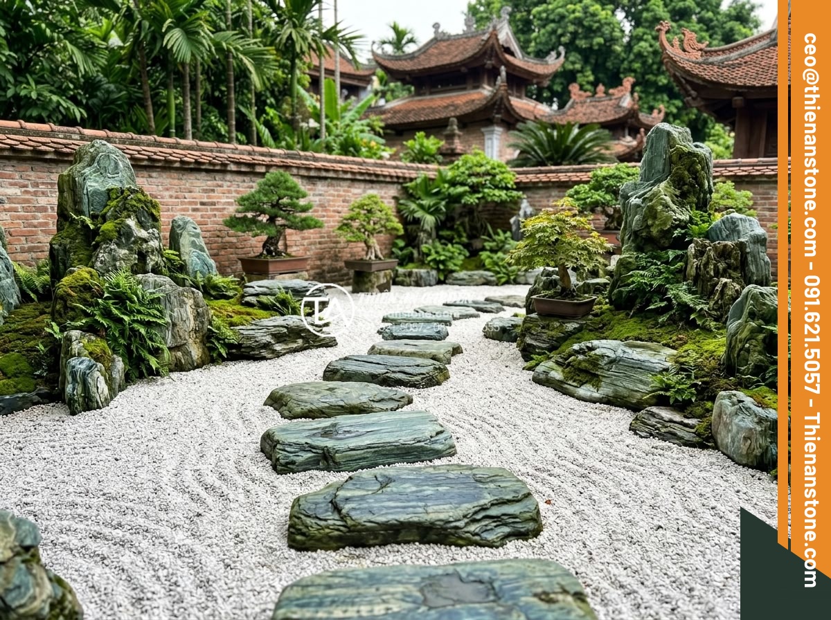 Nghệ thuật sắp đặt đá dặm bước phong cách Nhật Bản (Zen Garden) - Hình 1 Nghệ thuật sắp đặt đá dặm bước phong cách Nhật Bản (Zen Garden) - Traditional Japanese Zen garden with ancient stepping stones leading through rak
