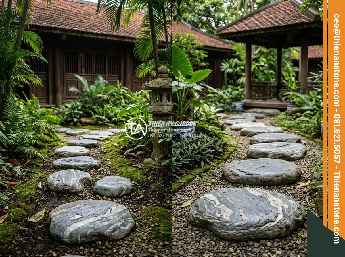 Nghệ thuật sắp đặt đá dặm bước phong cách Nhật Bản (Zen Garden) - Hình 10 Nghệ thuật sắp đặt đá dặm bước phong cách Nhật Bản (Zen Garden) - Optimal positioning and sizing examples of Zen garden stepping stones in residen