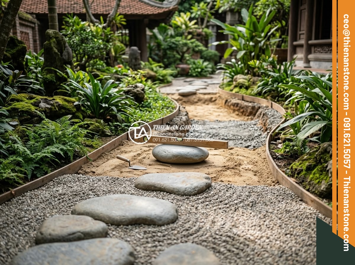 Nghệ thuật sắp đặt đá dặm bước phong cách Nhật Bản (Zen Garden) - Hình 11 Nghệ thuật sắp đặt đá dặm bước phong cách Nhật Bản (Zen Garden) - Professional construction techniques for installing Zen stepping stones includin