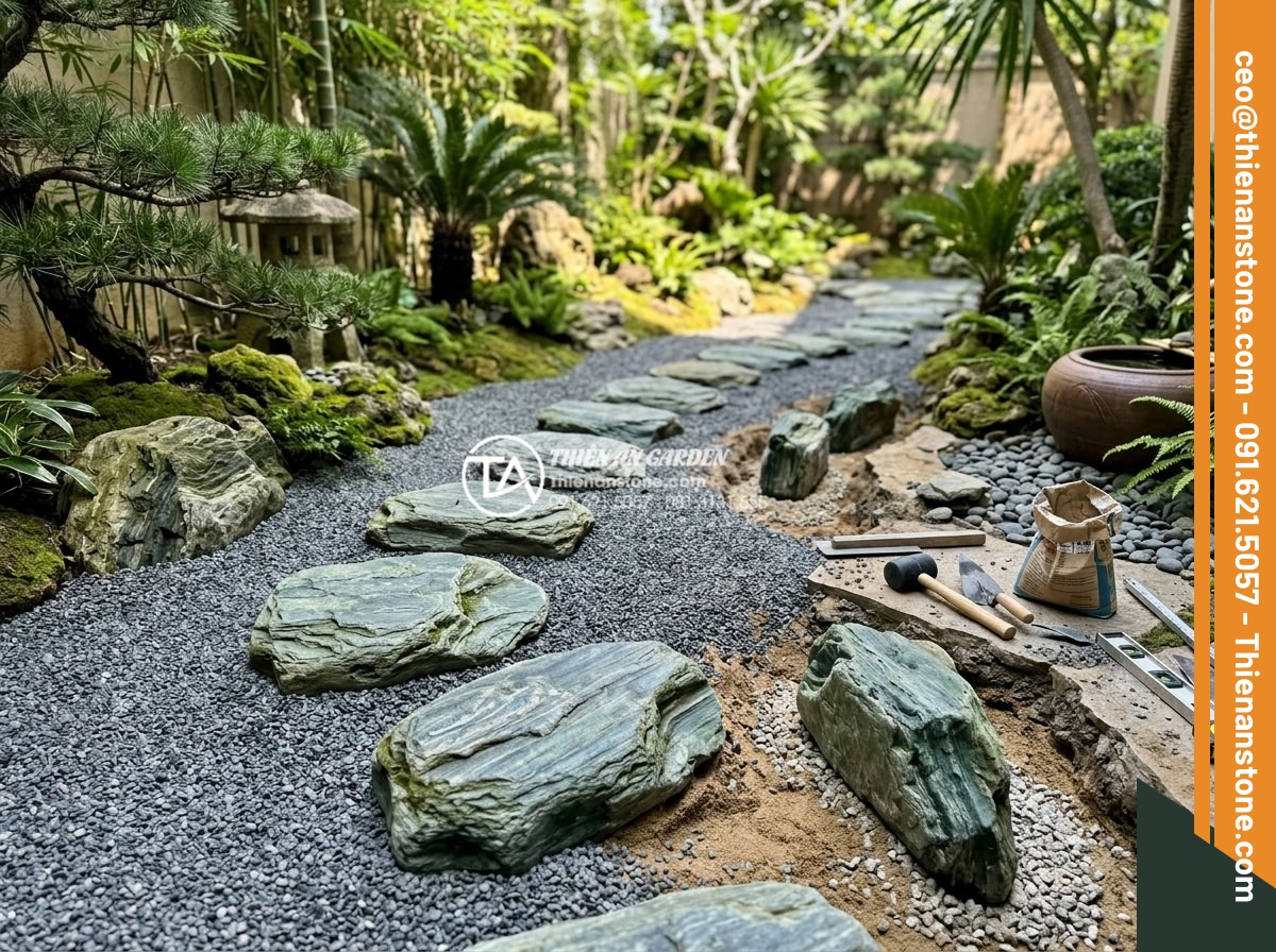 Nghệ thuật sắp đặt đá dặm bước phong cách Nhật Bản (Zen Garden) - Hình 12 Nghệ thuật sắp đặt đá dặm bước phong cách Nhật Bản (Zen Garden) - Detailed professional installation of natural stone stepping paths in Japanese Z