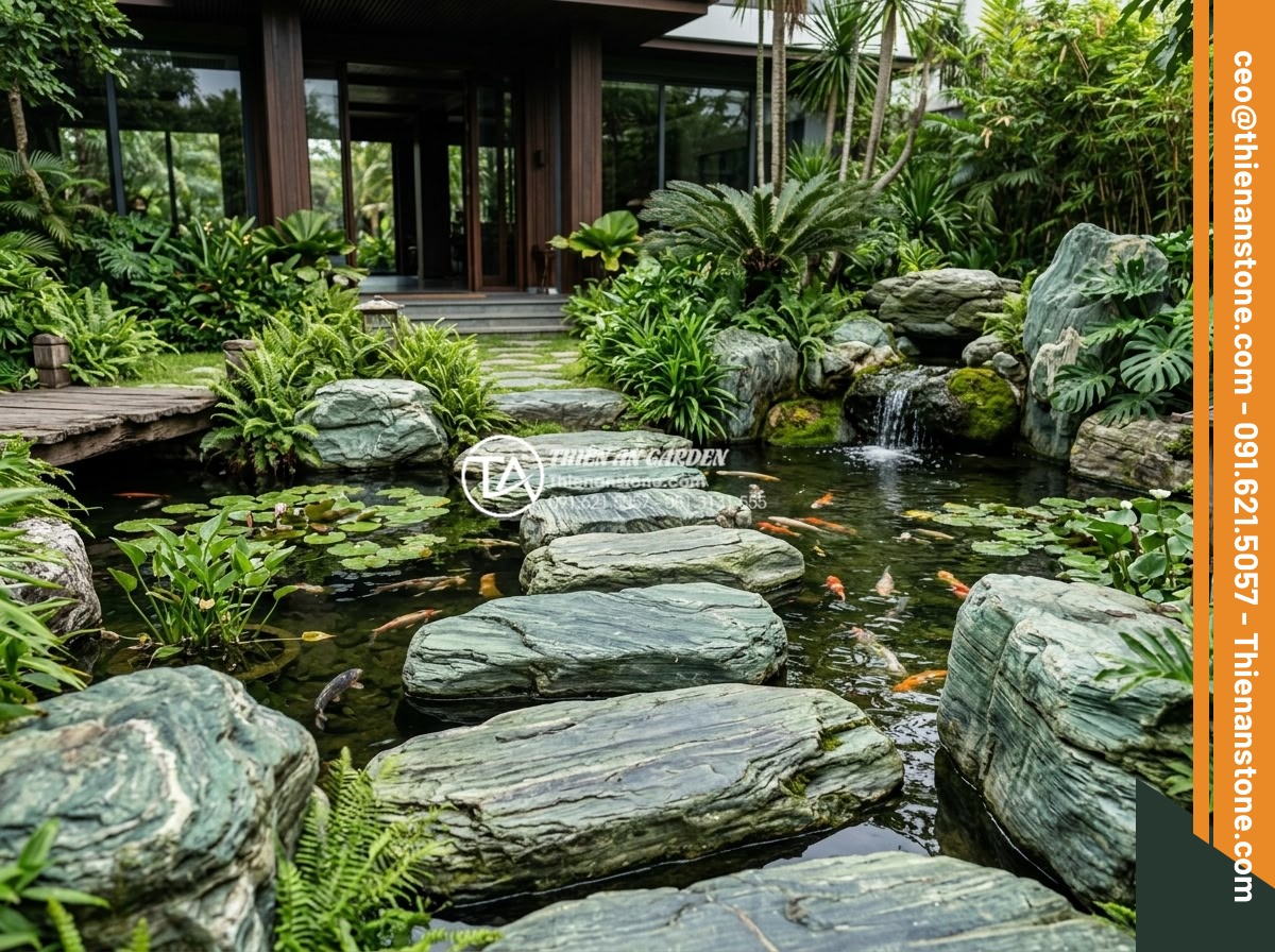 Nghệ thuật sắp đặt đá dặm bước phong cách Nhật Bản (Zen Garden) - Hình 15 Nghệ thuật sắp đặt đá dặm bước phong cách Nhật Bản (Zen Garden) - Real-world applications of Zen stepping stones in modern Vietnamese garden desig