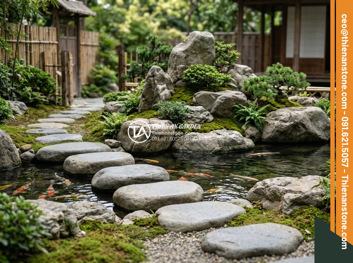 Nghệ thuật sắp đặt đá dặm bước phong cách Nhật Bản (Zen Garden) - Hình 17 Nghệ thuật sắp đặt đá dặm bước phong cách Nhật Bản (Zen Garden) - Integration of Zen stepping stones with Koi ponds, rockeries, and other Japanese