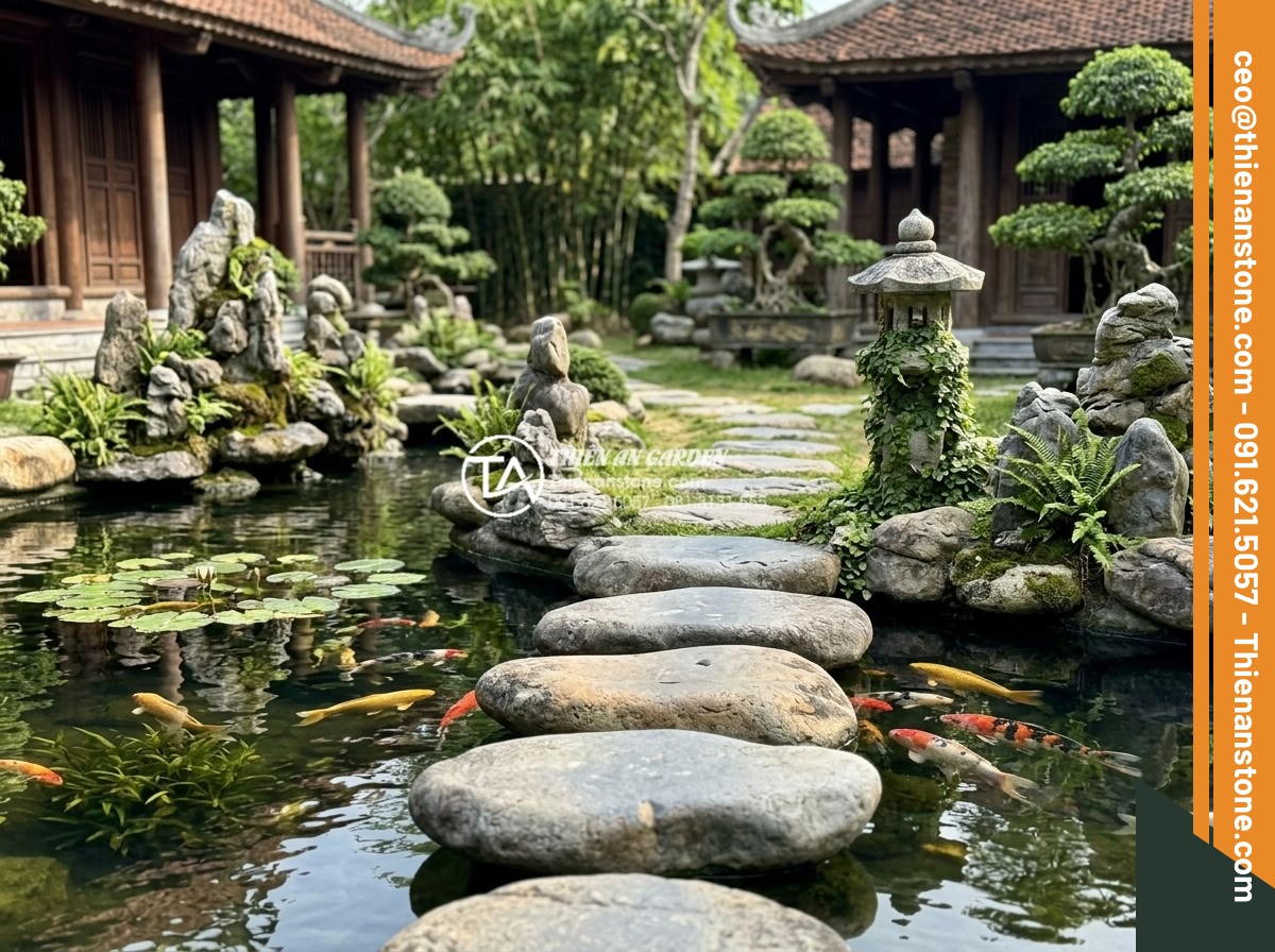 Nghệ thuật sắp đặt đá dặm bước phong cách Nhật Bản (Zen Garden) - Hình 18 Nghệ thuật sắp đặt đá dặm bước phong cách Nhật Bản (Zen Garden) - Beautiful harmony between stepping stones, Koi fish ponds, and miniature rock fo