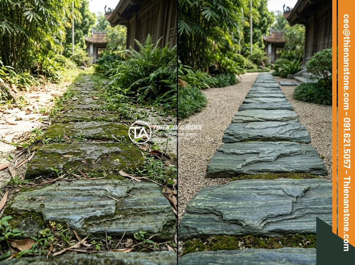 Nghệ thuật sắp đặt đá dặm bước phong cách Nhật Bản (Zen Garden) - Hình 20 Nghệ thuật sắp đặt đá dặm bước phong cách Nhật Bản (Zen Garden) - Before and after maintenance results for natural stone stepping paths in Zen gar