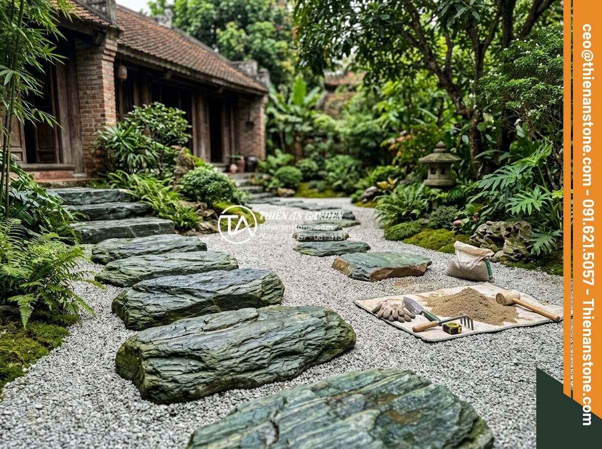Nghệ thuật sắp đặt đá dặm bước phong cách Nhật Bản (Zen Garden) - Hình 21 Nghệ thuật sắp đặt đá dặm bước phong cách Nhật Bản (Zen Garden) - Professional team from Da Canh Thien An company working on Zen garden stone step