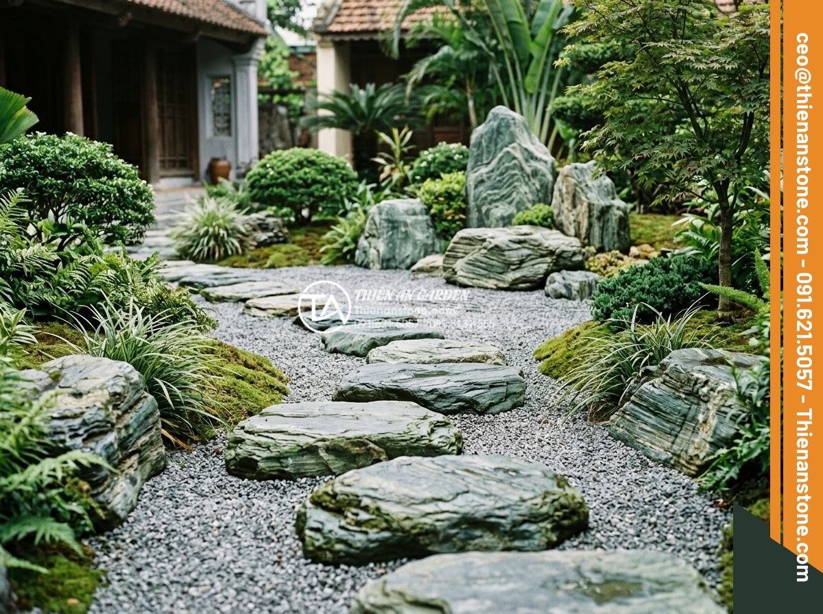 Nghệ thuật sắp đặt đá dặm bước phong cách Nhật Bản (Zen Garden) - Hình 22 Nghệ thuật sắp đặt đá dặm bước phong cách Nhật Bản (Zen Garden) - Showcase of completed Zen garden projects by Thien An Stone company featuring be