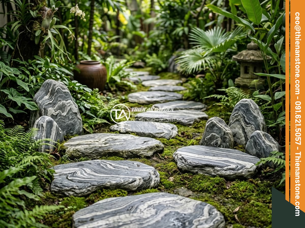 Nghệ thuật sắp đặt đá dặm bước phong cách Nhật Bản (Zen Garden) - Hình 7 Nghệ thuật sắp đặt đá dặm bước phong cách Nhật Bản (Zen Garden) - Fundamental design principles of Japanese Zen stepping stone placement showing a