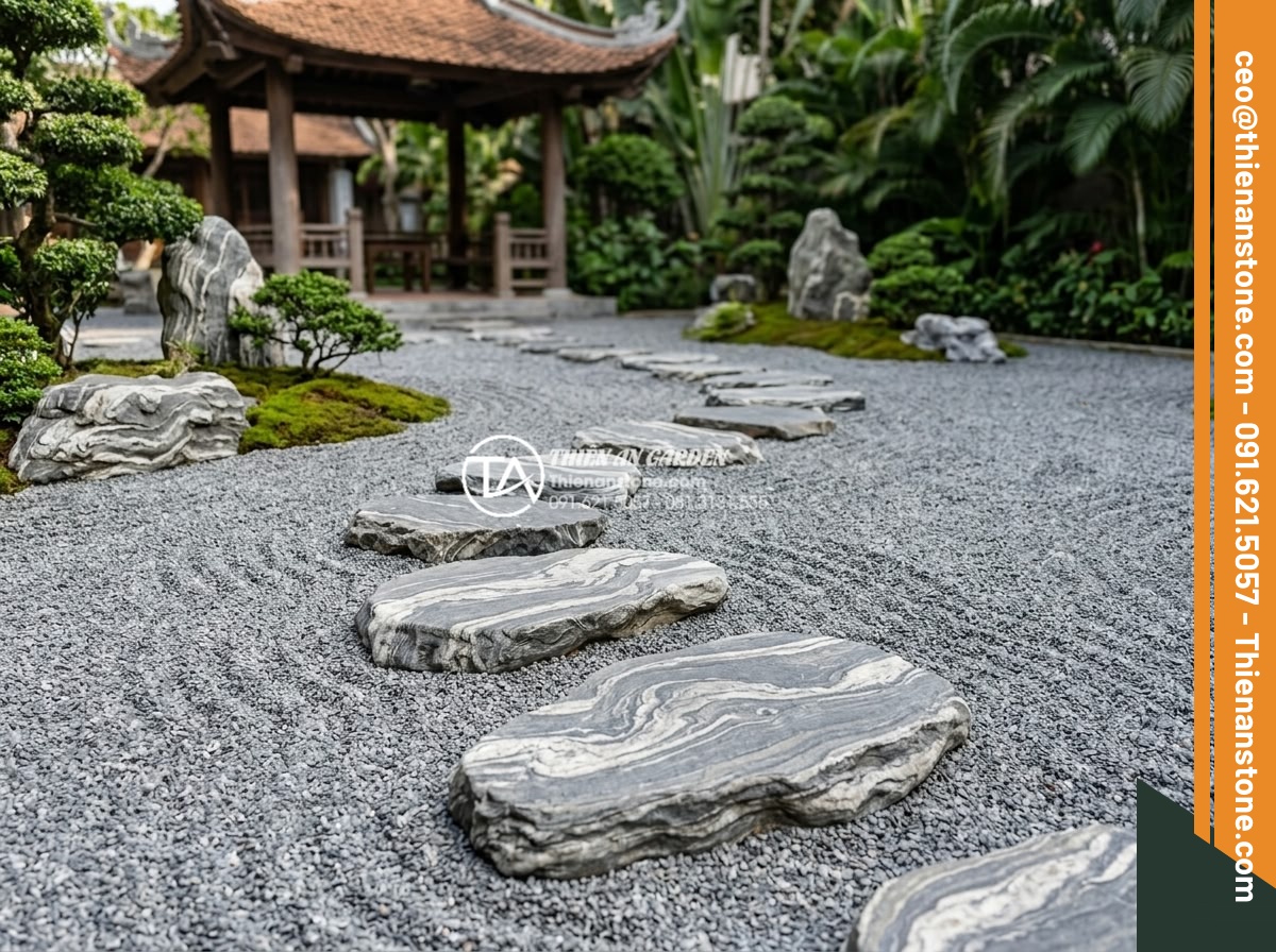 Nghệ thuật sắp đặt đá dặm bước phong cách Nhật Bản (Zen Garden) - Hình 8 Nghệ thuật sắp đặt đá dặm bước phong cách Nhật Bản (Zen Garden) - Detailed view of Zen garden design principles with stepping stones following nat