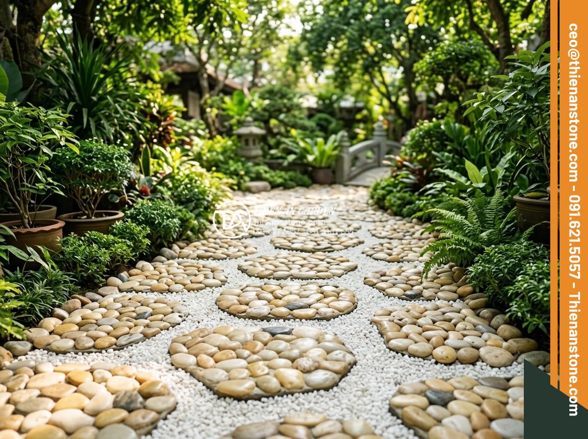 Phối hợp đá bước dạo và sỏi trang trí: Bí quyết tạo lối đi ấn tượng - A serene garden pathway featuring irregular natural stepping stones in earthy to