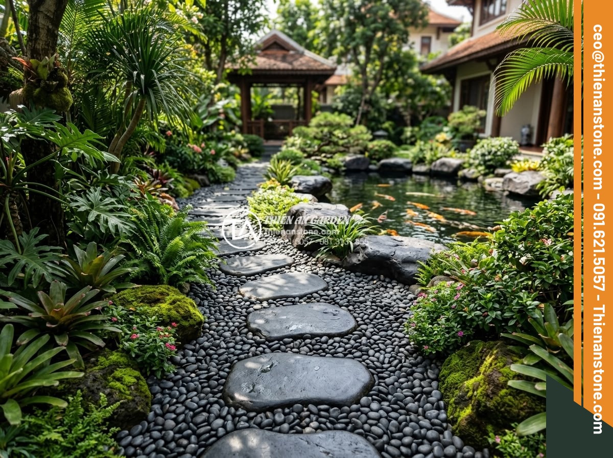 Phối hợp đá bước dạo và sỏi trang trí: Bí quyết tạo lối đi ấn tượng - Luxurious villa garden path using natural stepping stones and decorative gravel 