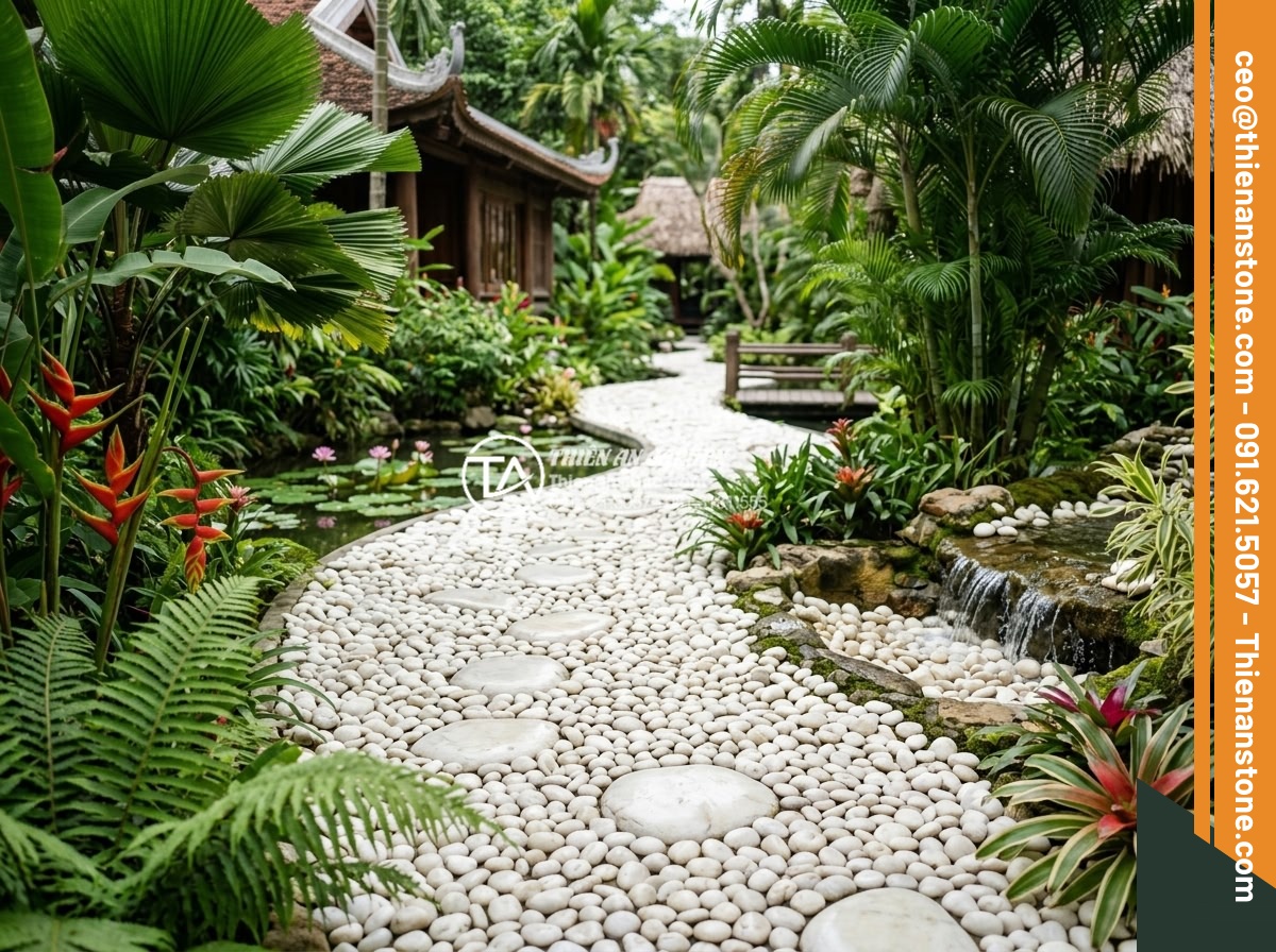 Phối hợp đá bước dạo và sỏi trang trí: Bí quyết tạo lối đi ấn tượng - Resort-style walkway with coordinated stones and pebbles winding through tropica