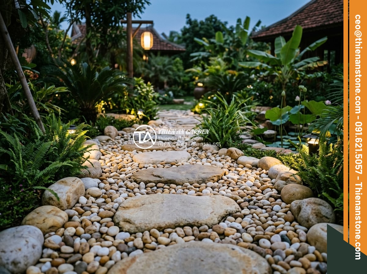 Phối hợp đá bước dạo và sỏi trang trí: Bí quyết tạo lối đi ấn tượng - Artistic layout of a winding stone pathway integrated with gravel accents, illum
