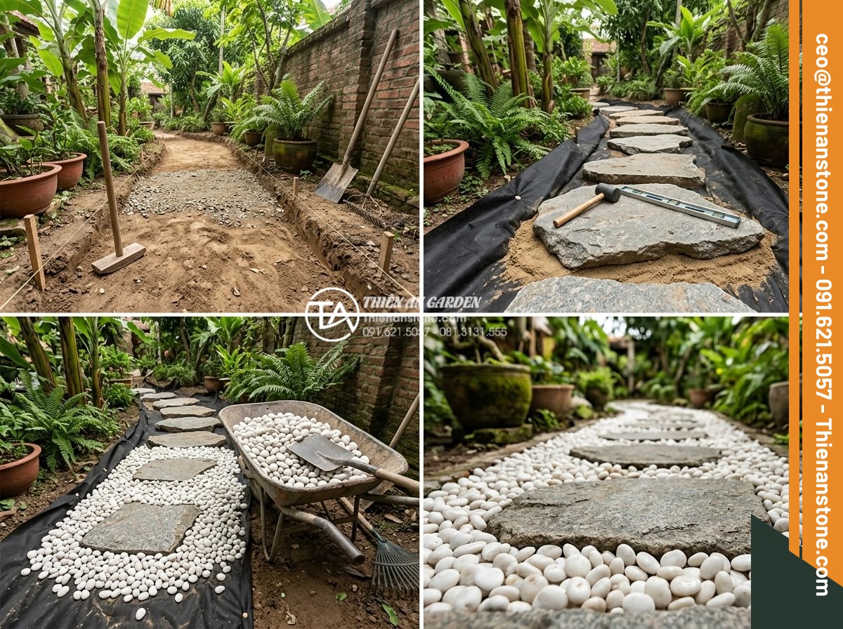 Phối hợp đá bước dạo và sỏi trang trí: Bí quyết tạo lối đi ấn tượng - Step-by-step professional construction process of installing stepping stones and
