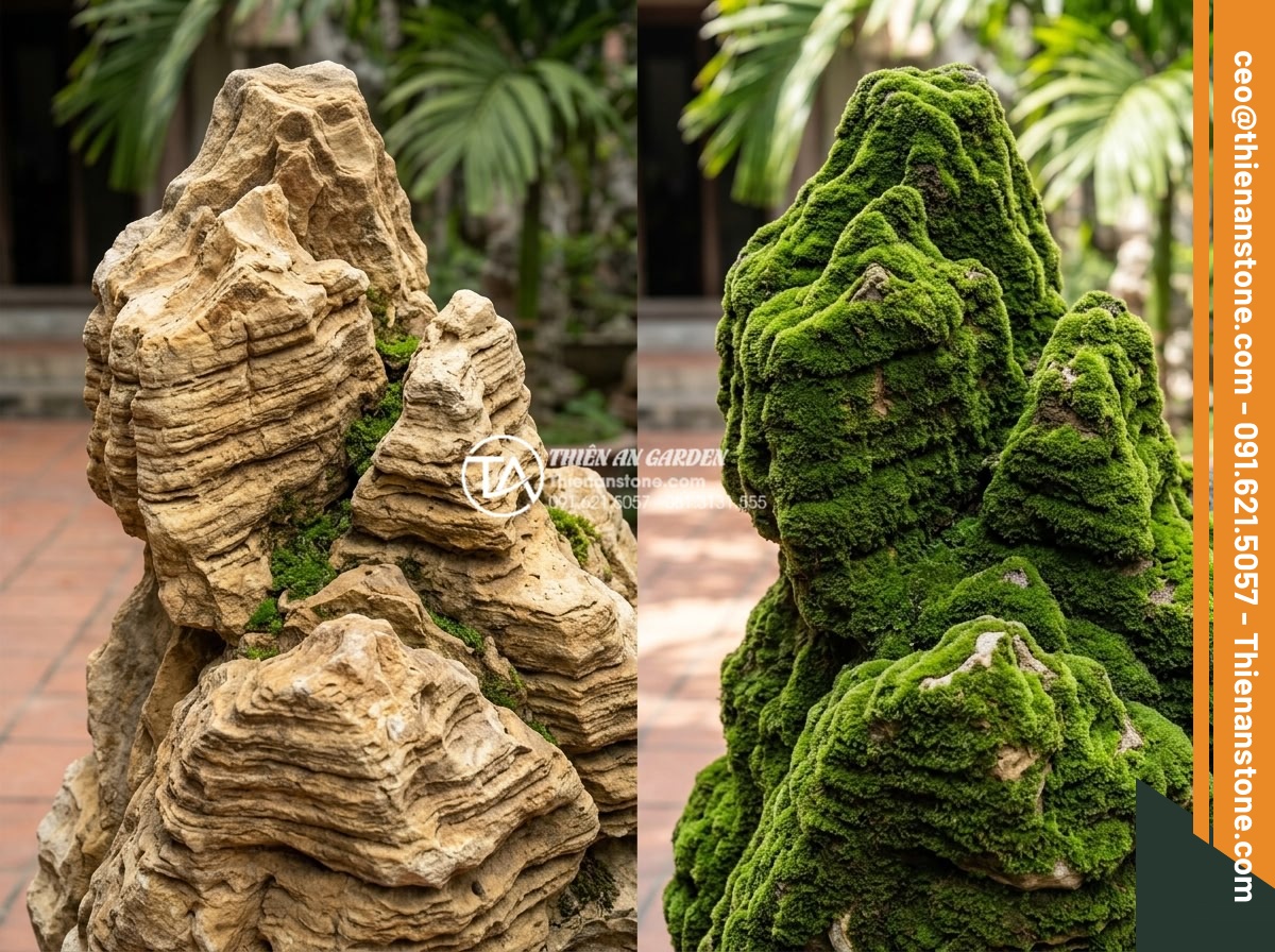 Rêu cổ thạch: Cách tạo và chăm sóc lớp rêu phong cho đá cảnh - Hình 10 Rêu cổ thạch: Cách tạo và chăm sóc lớp rêu phong cho đá cảnh - Before and after comparison of stone with fresh moss application turning into lu