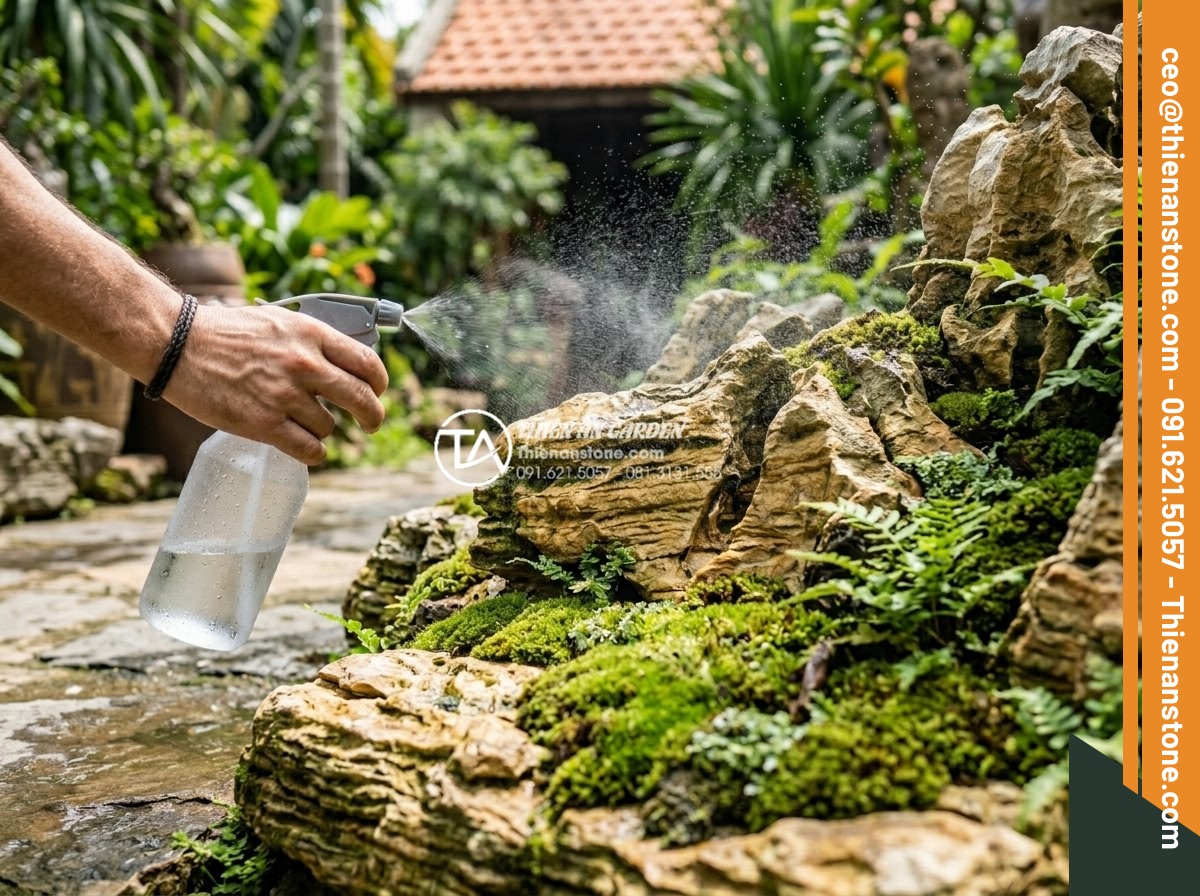 Rêu cổ thạch: Cách tạo và chăm sóc lớp rêu phong cho đá cảnh - Hình 11 Rêu cổ thạch: Cách tạo và chăm sóc lớp rêu phong cho đá cảnh - Daily moss care routine showing person misting water on moss-covered stones with