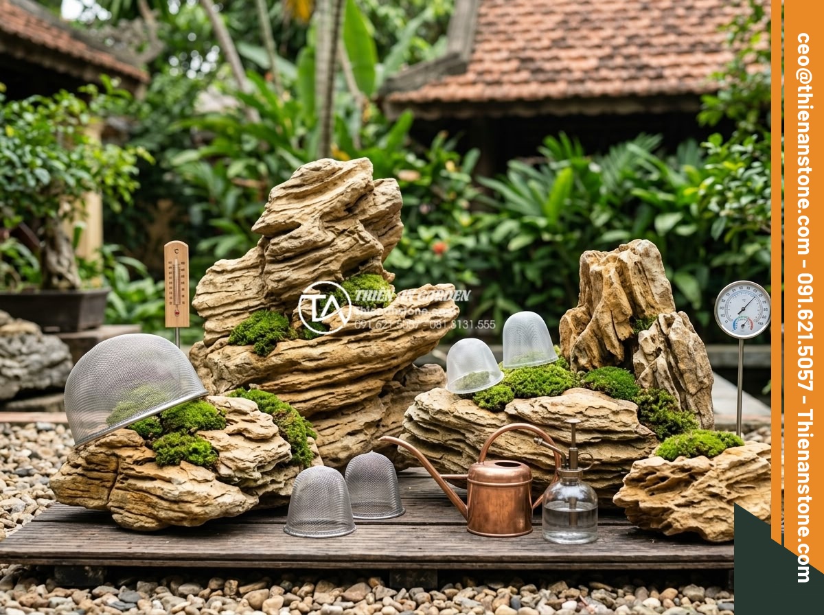 Rêu cổ thạch: Cách tạo và chăm sóc lớp rêu phong cho đá cảnh - Hình 12 Rêu cổ thạch: Cách tạo và chăm sóc lớp rêu phong cho đá cảnh - Seasonal care setup for moss on rocks including protective covers, watering tool