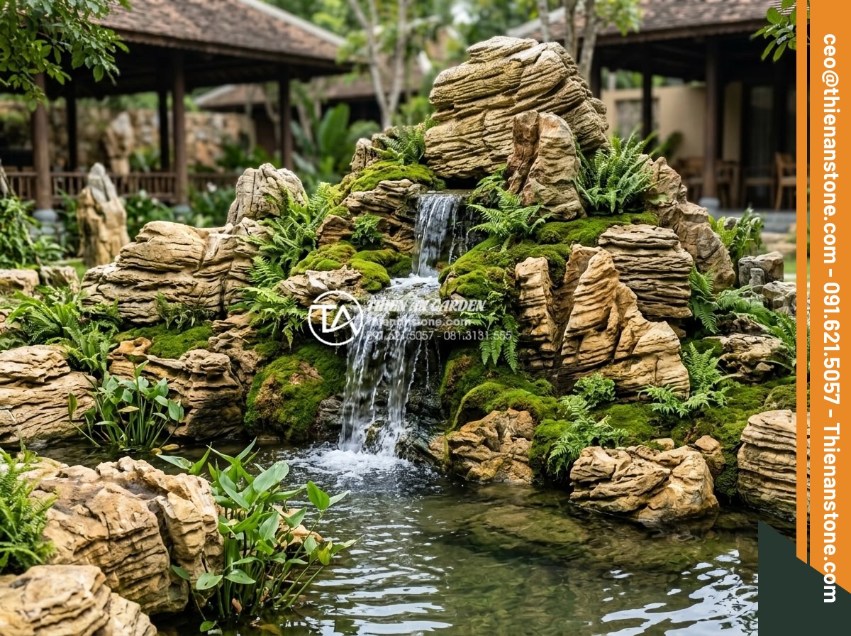 Rêu cổ thạch: Cách tạo và chăm sóc lớp rêu phong cho đá cảnh - Hình 16 Rêu cổ thạch: Cách tạo và chăm sóc lớp rêu phong cho đá cảnh - Luxury resort rockery with extensive moss coverage integrated into waterfall and