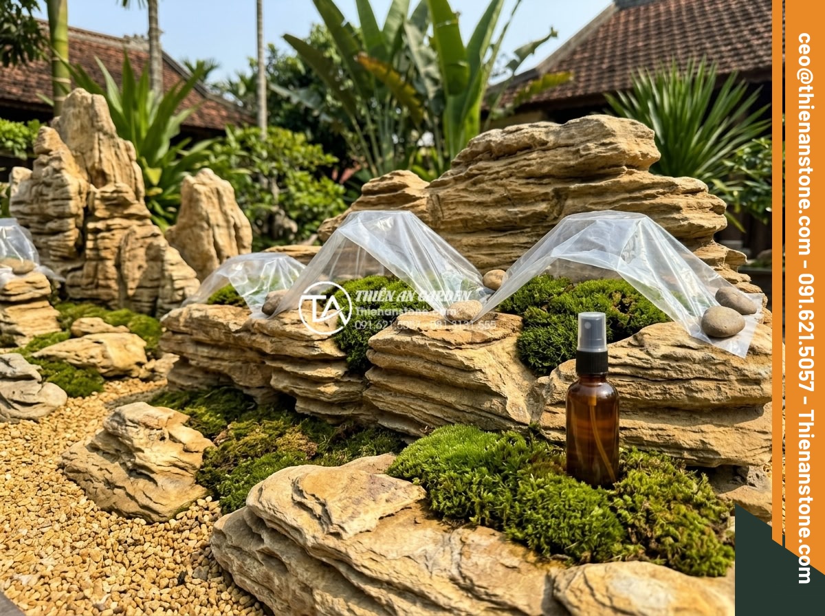 Rêu cổ thạch: Cách tạo và chăm sóc lớp rêu phong cho đá cảnh - Hình 17 Rêu cổ thạch: Cách tạo và chăm sóc lớp rêu phong cho đá cảnh - Protective measures for moss including natural pest control spray and weather sh