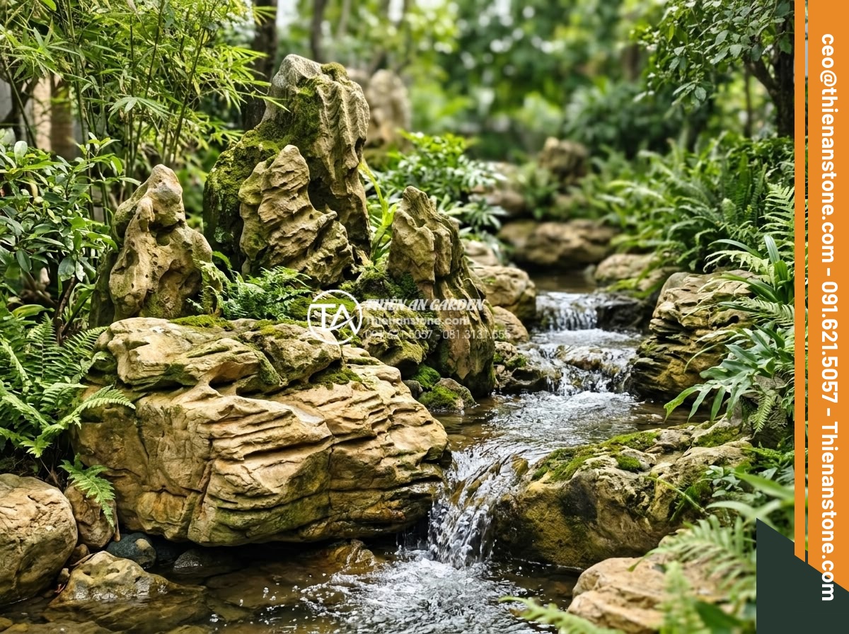Rêu cổ thạch: Cách tạo và chăm sóc lớp rêu phong cho đá cảnh - Hình 3 Rêu cổ thạch: Cách tạo và chăm sóc lớp rêu phong cho đá cảnh - Detailed image of moss-covered ancient stones arranged in a modern Vietnamese ga