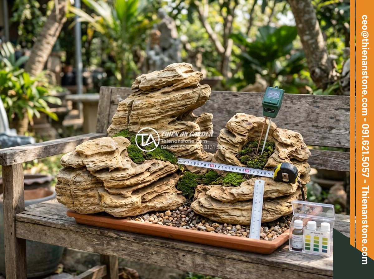 Rêu cổ thạch: Cách tạo và chăm sóc lớp rêu phong cho đá cảnh - Hình 6 Rêu cổ thạch: Cách tạo và chăm sóc lớp rêu phong cho đá cảnh - Professional arrangement of selected rocks for moss cultivation displayed outdoo
