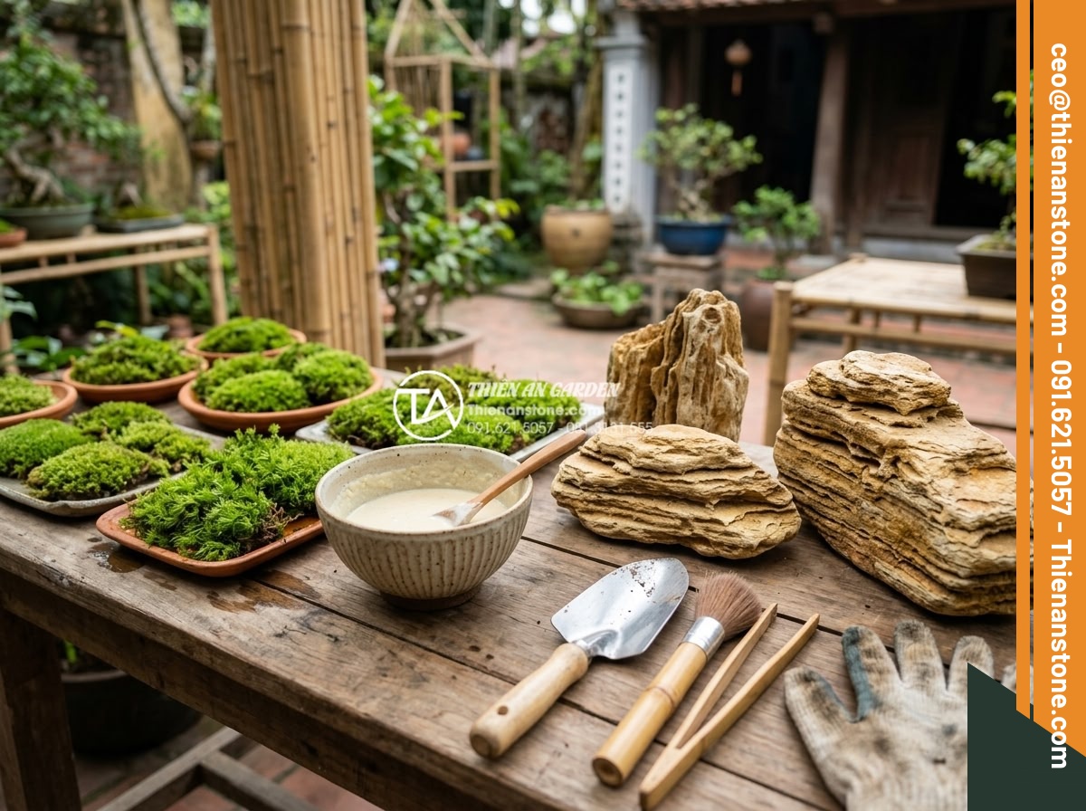 Rêu cổ thạch: Cách tạo và chăm sóc lớp rêu phong cho đá cảnh - Hình 7 Rêu cổ thạch: Cách tạo và chăm sóc lớp rêu phong cho đá cảnh - Preparation scene with fresh moss samples, buttermilk mixture in bowl, porous st
