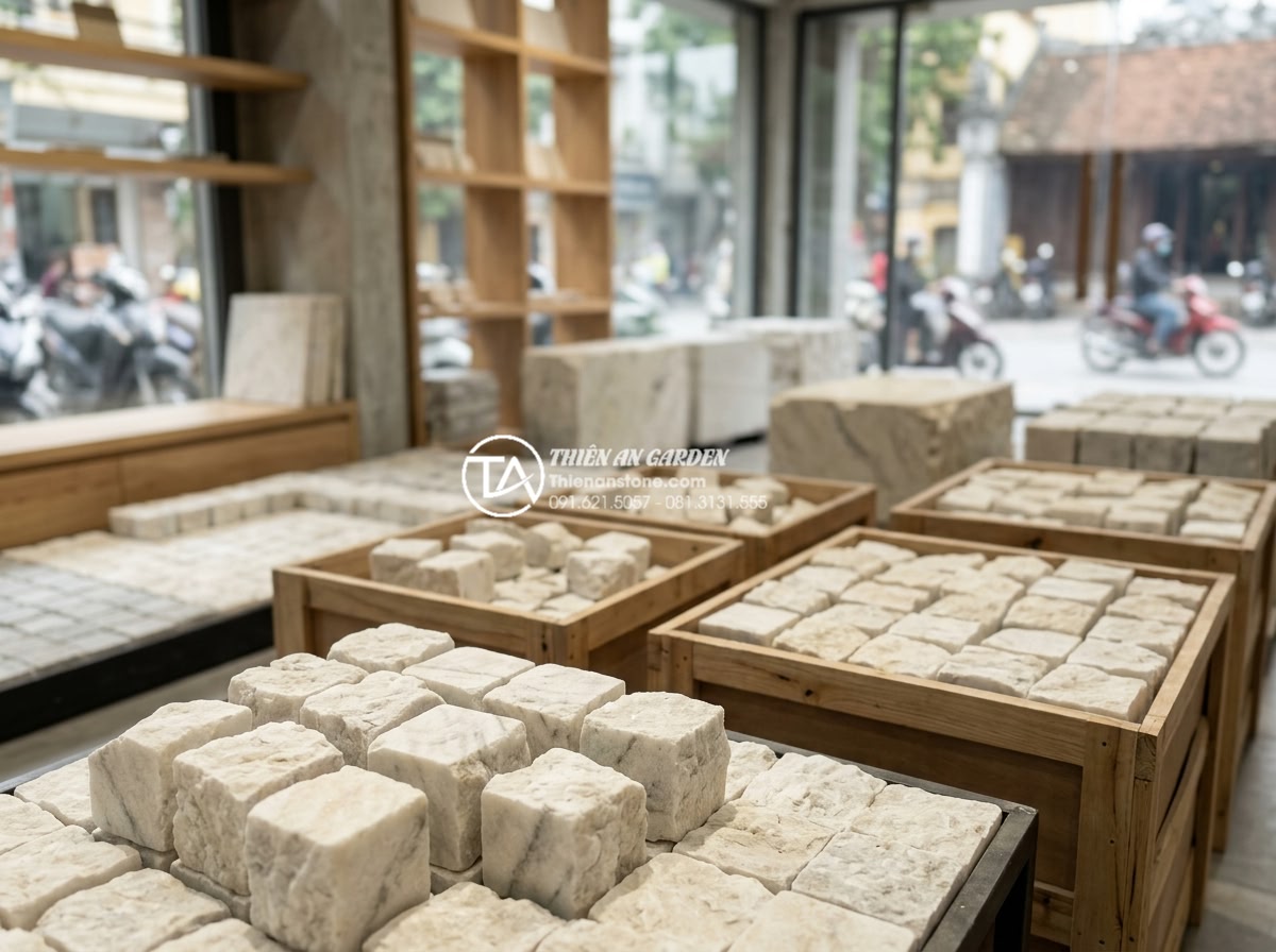 Review 5 đơn vị cung cấp đá cubic uy tín nhất tại Hà Nội và TP.HCM - Thien Duc Stone showroom displaying premium cubic stone varieties in Hanoi