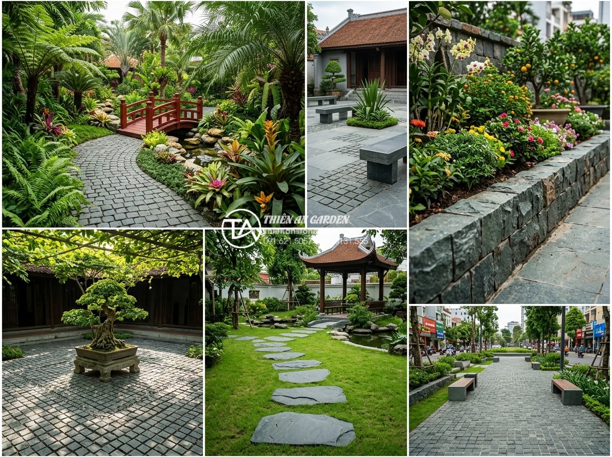 Review 5 đơn vị cung cấp đá cubic uy tín nhất tại Hà Nội và TP.HCM - Overall summary image showing beautiful cubic stone gardens from multiple suppli