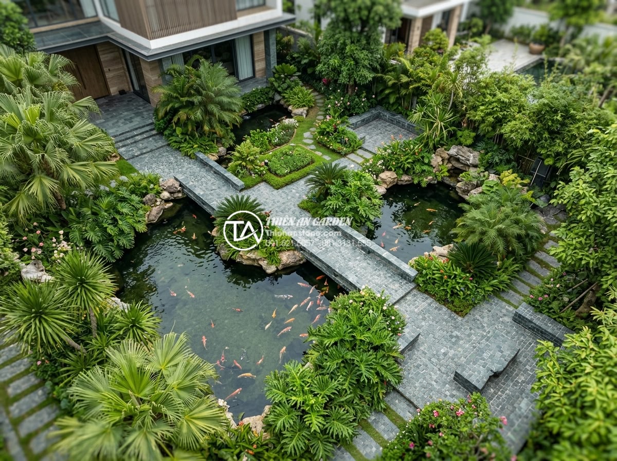 Review 5 đơn vị cung cấp đá cubic uy tín nhất tại Hà Nội và TP.HCM - Luxury villa garden featuring cubic stone paving integrated with koi pond, tropi