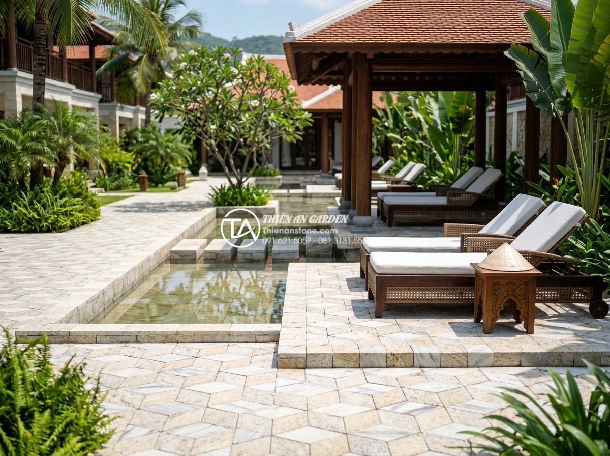 Review 5 đơn vị cung cấp đá cubic uy tín nhất tại Hà Nội và TP.HCM - Resort courtyard with intricate cubic stone patterns, water features, and resort