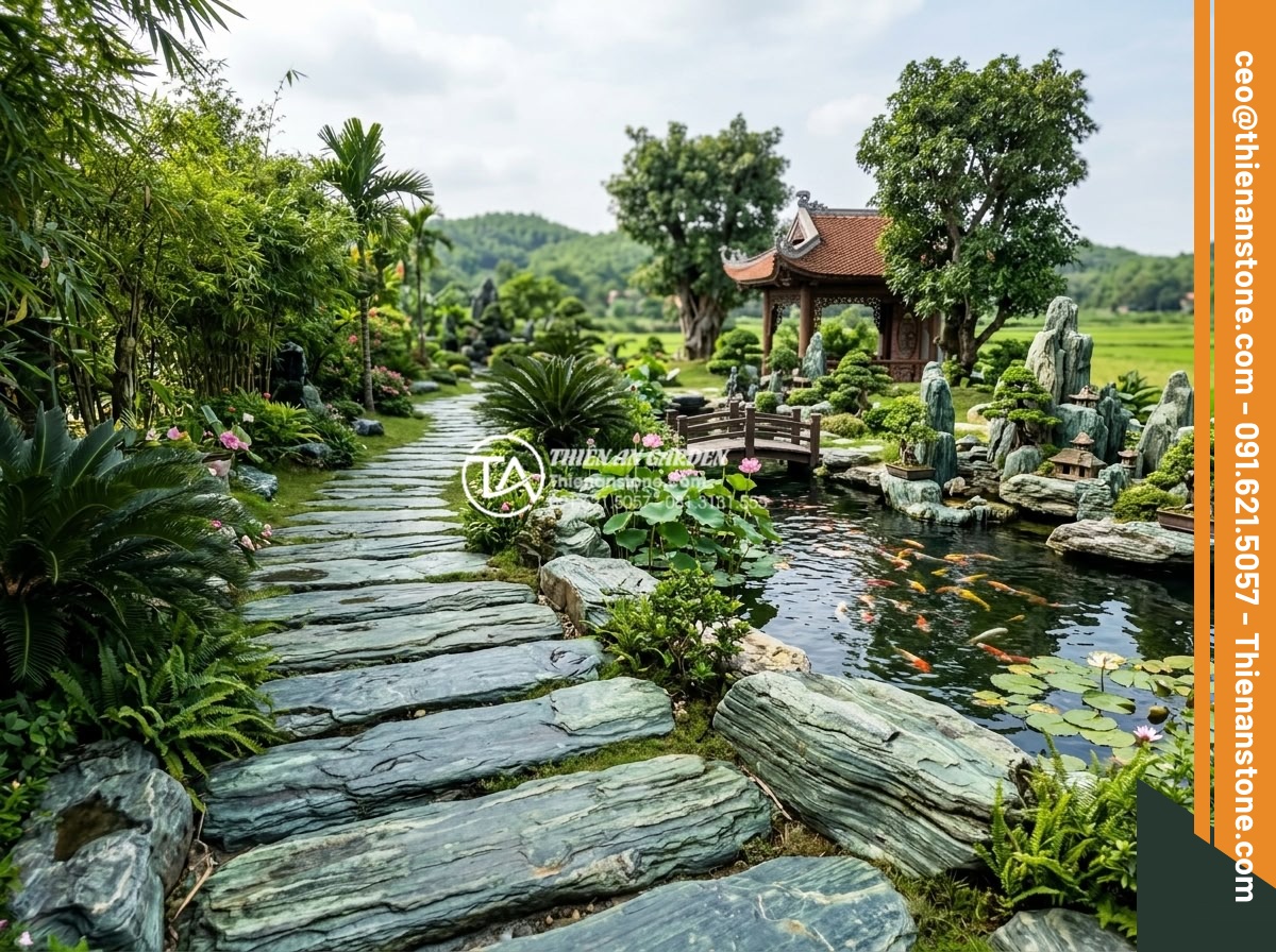 Review 5 loại đá bước dạo bán chạy nhất đầu năm 2026 - Wide landscape photo of Thanh Hoa green stepping stone pathway winding through a