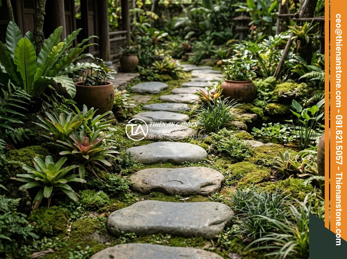 Review 5 loại đá bước dạo bán chạy nhất đầu năm 2026 - Ong xam stepping stones in detailed rustic garden landscape, realistic 2026 inst