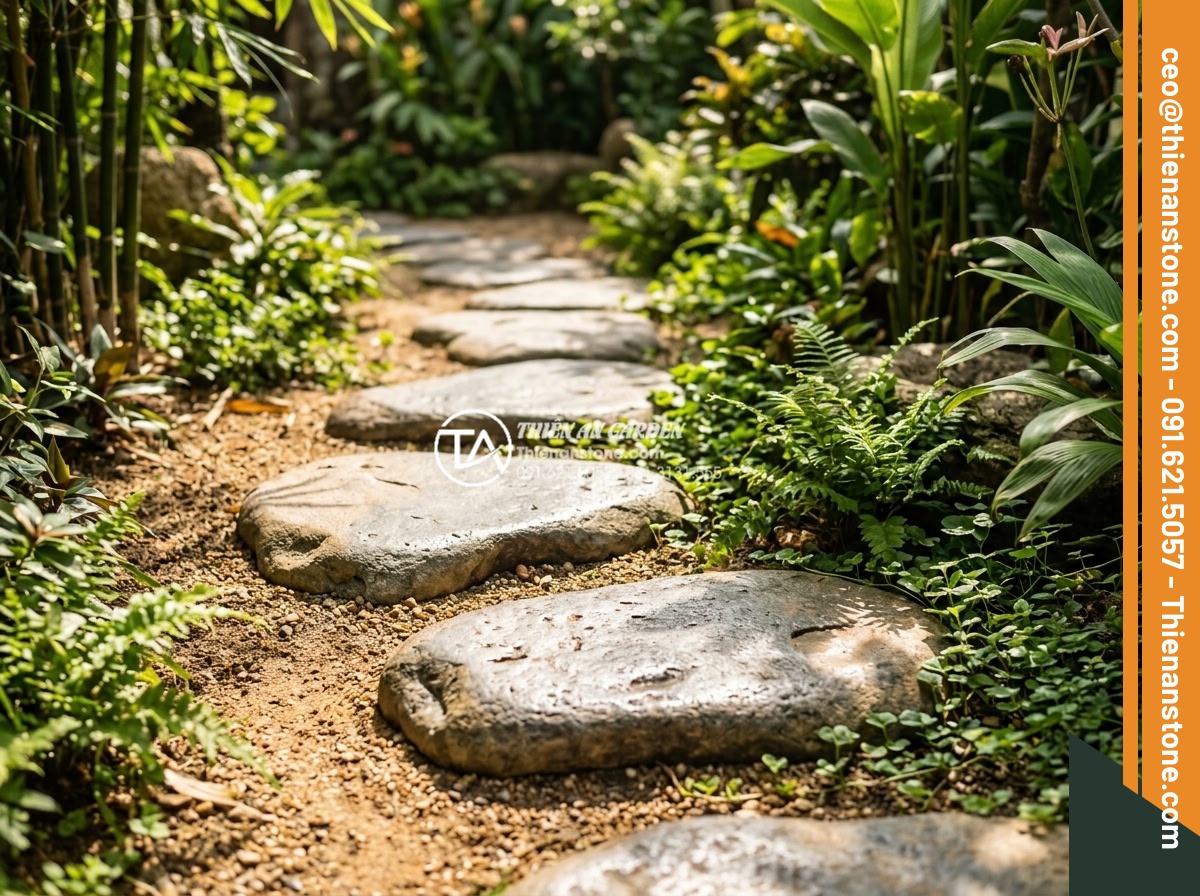Review 5 loại đá bước dạo bán chạy nhất đầu năm 2026 - Sandstone natural stepping stones with warm sand colors in sunny garden path, de