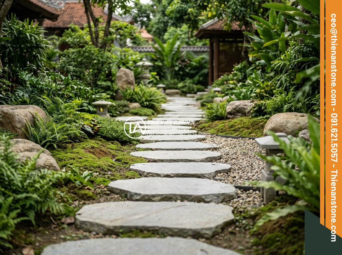 Review 5 loại đá bước dạo bán chạy nhất đầu năm 2026 - Full view of sandstone stepping stone pathway in contemporary garden with natura