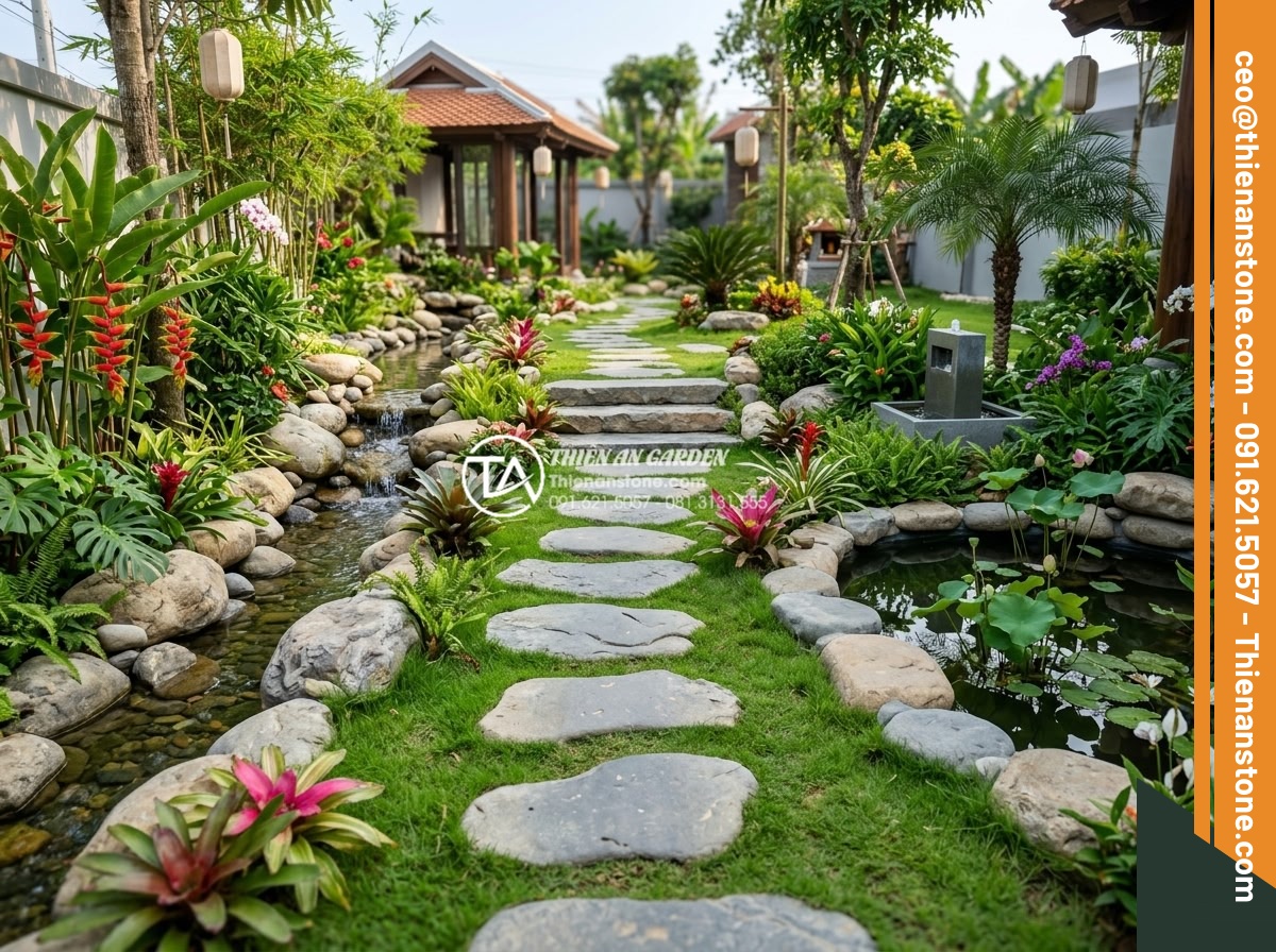 Review 5 loại đá bước dạo bán chạy nhất đầu năm 2026 - Wide angle professional photograph showing a complete stepping stone pathway lea