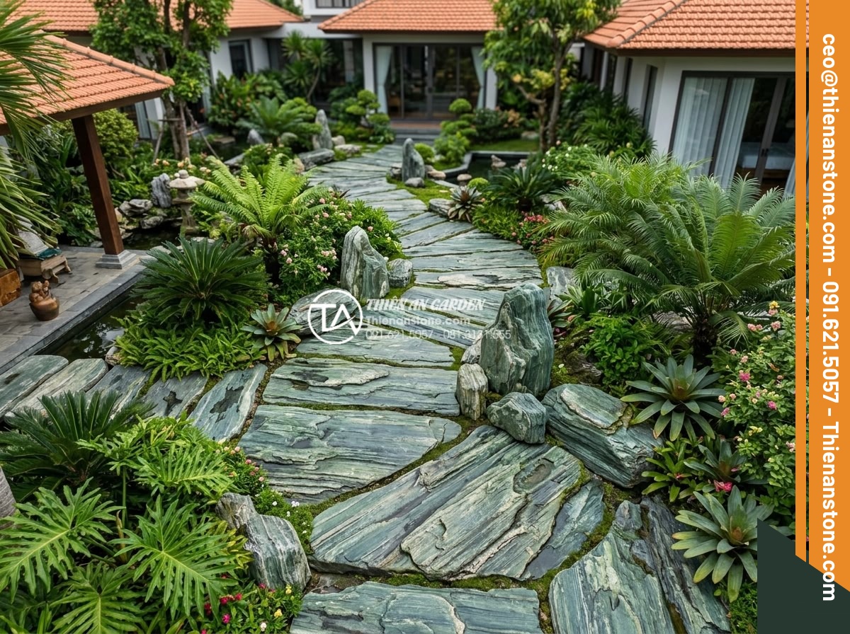 Review 5 loại đá bước dạo bán chạy nhất đầu năm 2026 - Aerial view of popular 2026 stepping stone pathways in high-end villa gardens ac