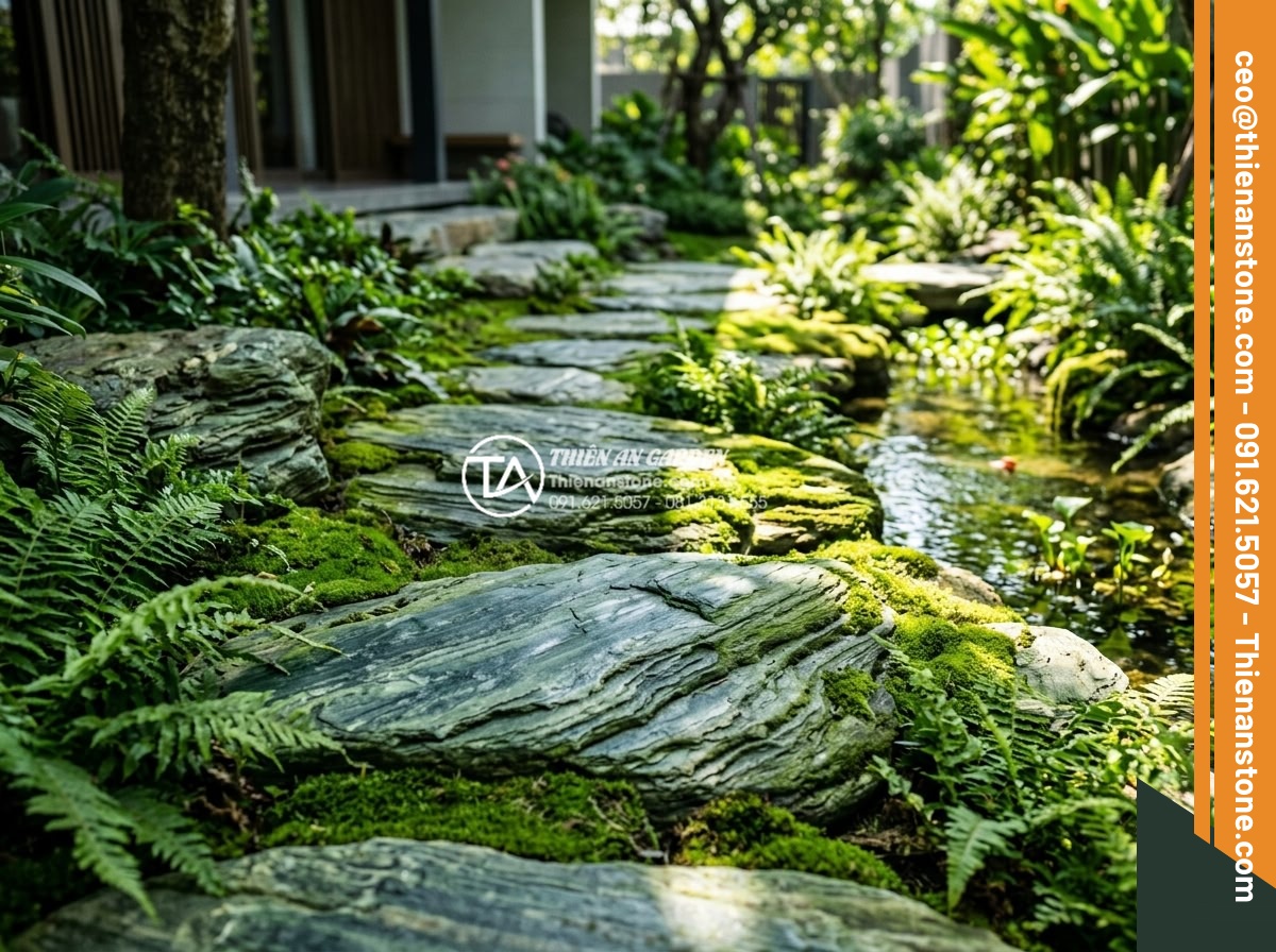 Review 5 loại đá bước dạo bán chạy nhất đầu năm 2026 - Vibrant green moss-like Thanh Hoa stepping stones in detailed garden path view, 