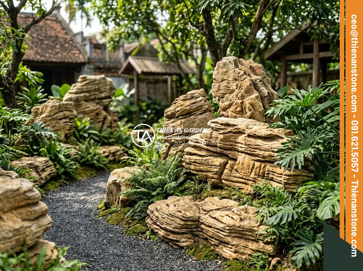 So sánh đá cổ thạch xanh và đá cổ thạch vàng: Nên chọn màu nào? - Long-term investment value of installed fossil stones in completed garden projec
