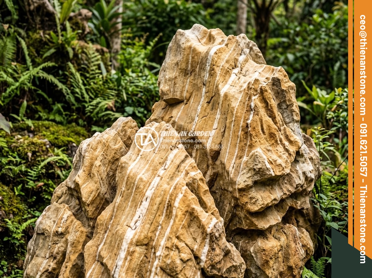 So sánh đá cổ thạch xanh và đá cổ thạch vàng: Nên chọn màu nào? - Vivid image of yellow fossil stone with golden-brown hues, prominent white paral