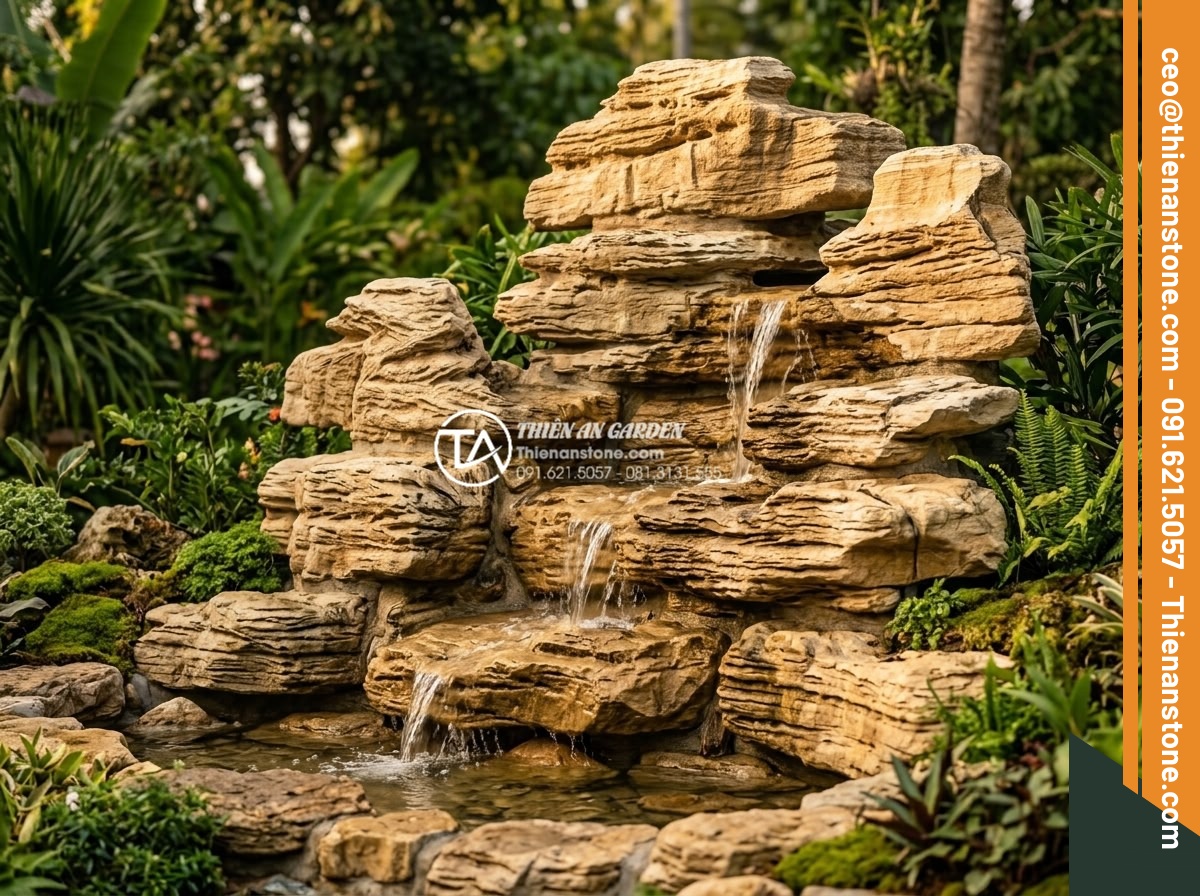 So sánh đá cổ thạch xanh và đá cổ thạch vàng: Nên chọn màu nào? - Yellow ancient fossil stones stacked to form a natural waterfall feature with wa