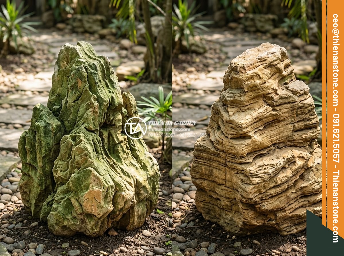 So sánh đá cổ thạch xanh và đá cổ thạch vàng: Nên chọn màu nào? - Side-by-side comparison photo of green and yellow ancient fossil stones showing 